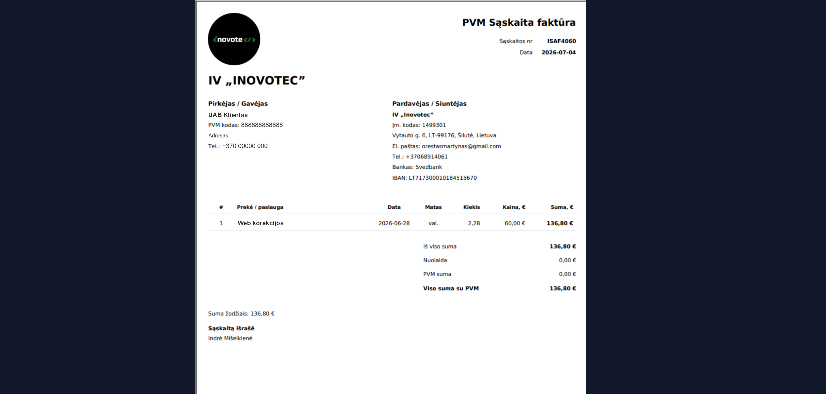 INOVS PVM sąskaita faktūra PDF