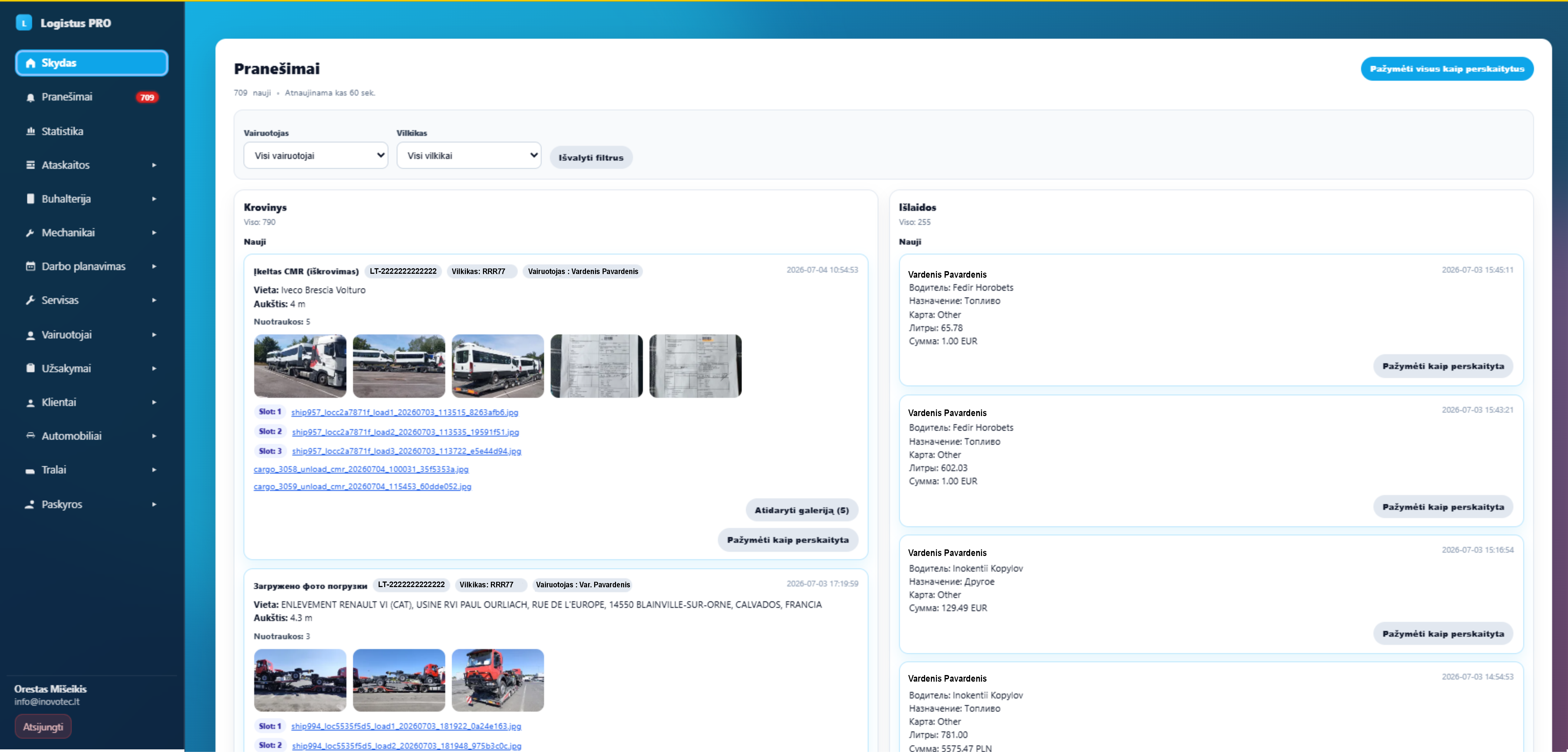 Logistus PRO pranesimu ir kroviniu nuotrauku valdymo ekranas